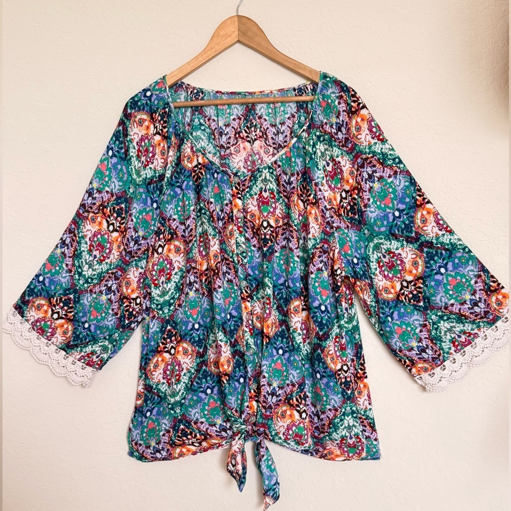 Colorful Bohemian Blouse with Lace Trim  – Vibrant & Unique